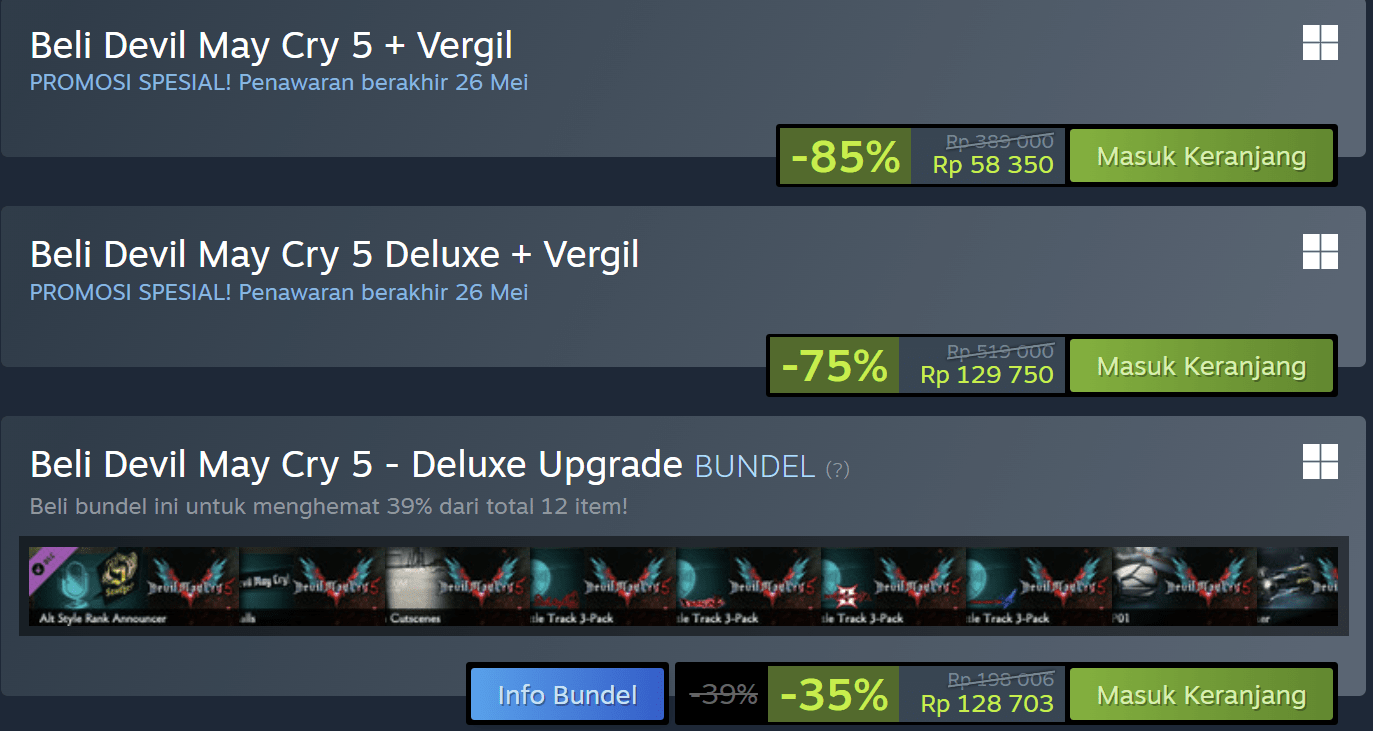 Promo besar-besaran Devil May Cry di Steam menghadirkan potongan harga hingga 85 persen untuk seluruh seri utama dan DLC menjelang musim kedua anime Netflix. (Sumber: Steam)