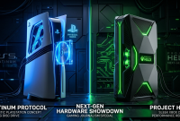 Illustrasi Konsep perbandingan konsol masa depan: Sony PlayStation dengan drive disc fisik berhadapan dengan Xbox Project Helix. (Source Image:Gemini)