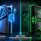 Illustrasi Konsep perbandingan konsol masa depan: Sony PlayStation dengan drive disc fisik berhadapan dengan Xbox Project Helix. (Source Image:Gemini)